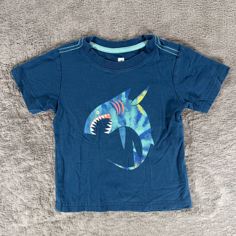 Tea Collection Shark Graphic Tee Kids Size 3 Navy Blue Short Sleeve Cotton Shirt